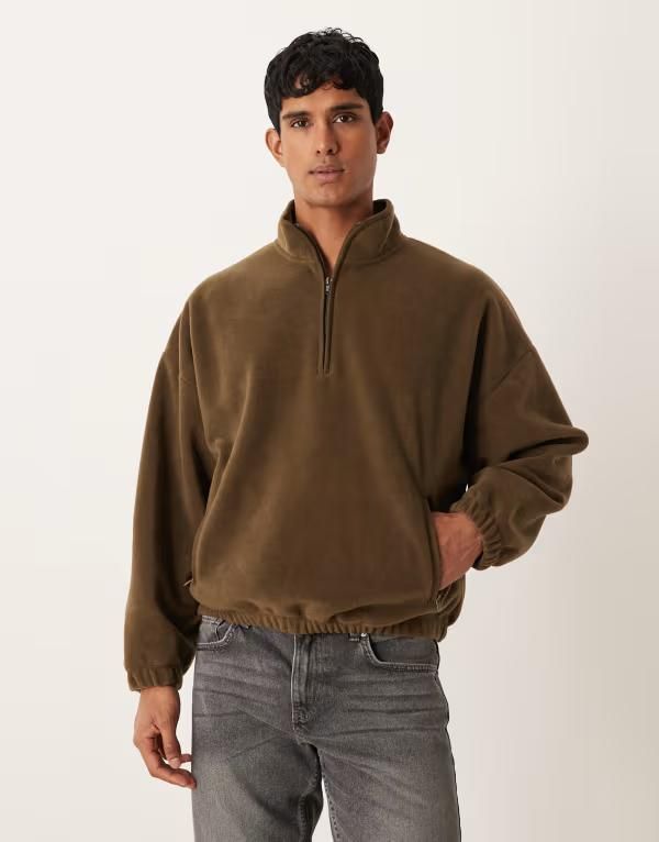 エイソス メンズ アウター パーカー・スウェット ハーフジップ ドロップショルダー スウェット シャツ ASOS DESIGN relaxed drop shoulder quarter zip sweatshirt Kahki カーキ