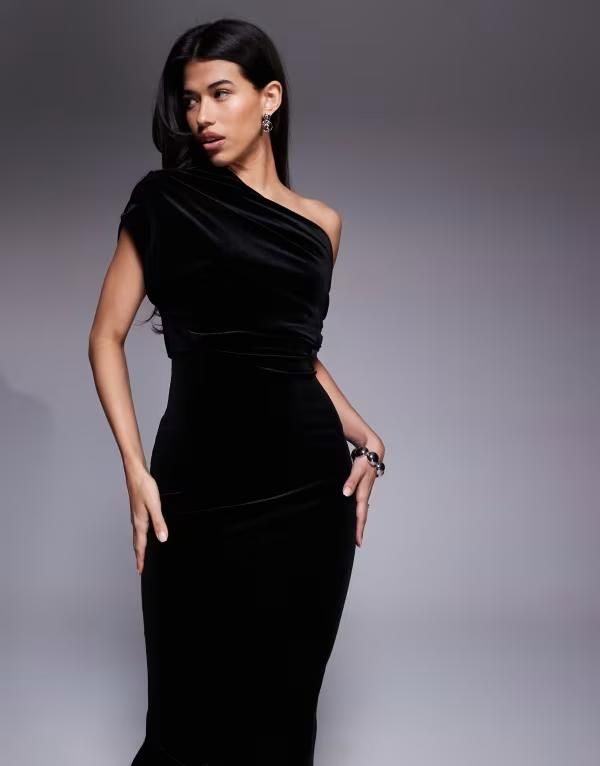 エイソス レディース トップス ワンピース ミディワンピース ミディ ベルベット ASOS DESIGN velvet dramatic neckline midi dress with slit Black ブラック