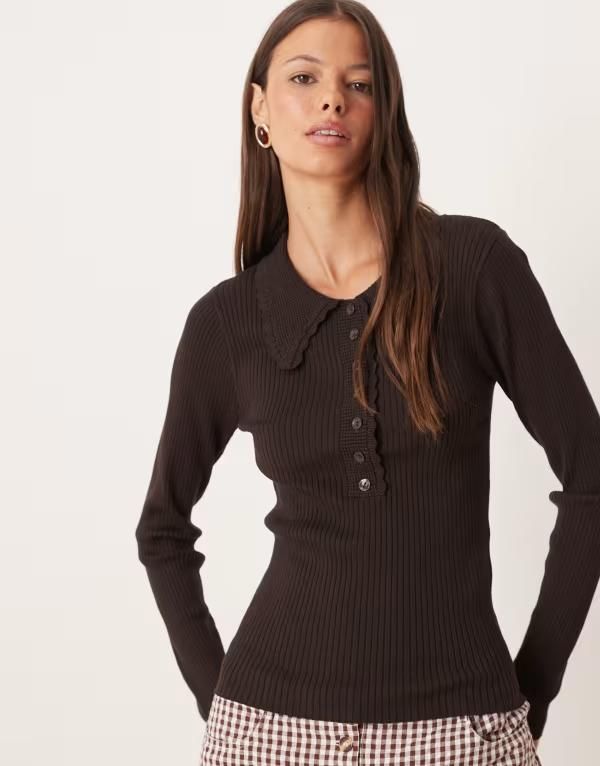 ジェイディーワイ レディース アウター ニット・セーター ポロシャツ ニット JDY scallop trim knit polo in chocolate BROWN ブラウン