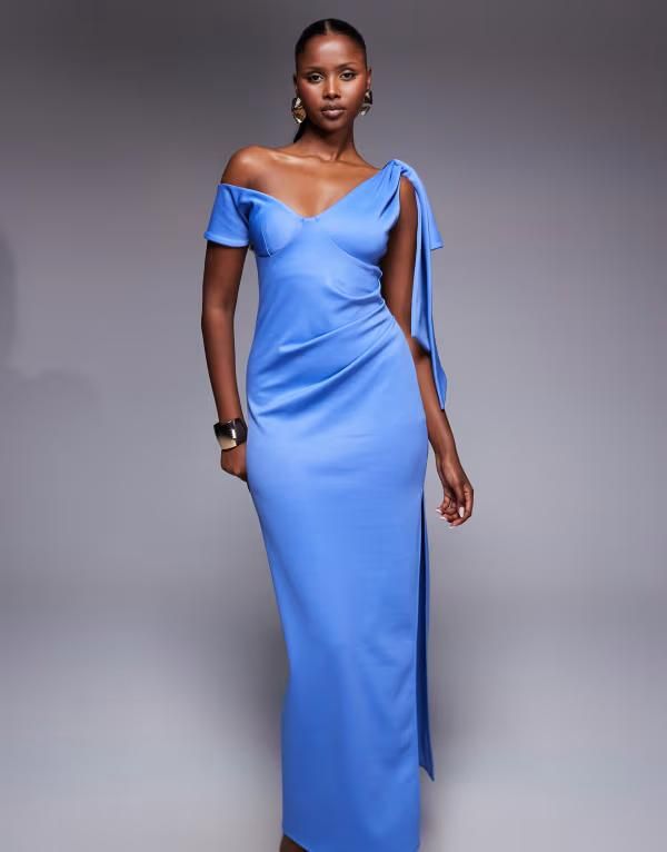 エイソス レディース トップス ワンピース ミディワンピース ドレープ ミディ ASOS DESIGN fallen shoulders midi dress with drape detail Blue ブルー