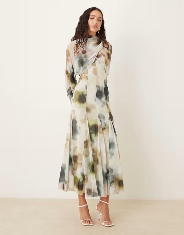 エイソス レディース トップス ワンピース フラワー柄 プリント スカート フラワー ASOS DESIGN long sleeve wrap over top dress with godet full skirt and low back in water