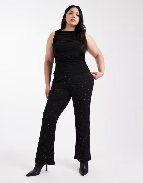 オンリーカーブ レディース ボトムス カジュアルパンツ パンツ ONLY Curve rhinestone flared pants Black ブラック
