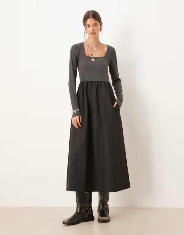 スリードベア レディース トップス ワンピース ミディワンピース ミディ スカート コントラスト Threadbare long sleeve square neck midi dress with contrast black poplin skirt Mu