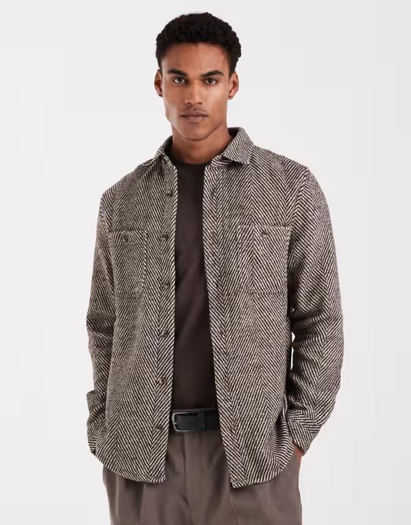 エイソス メンズ トップス シャツ ASOS DESIGN overshirt herringbone BROWN ブラウン