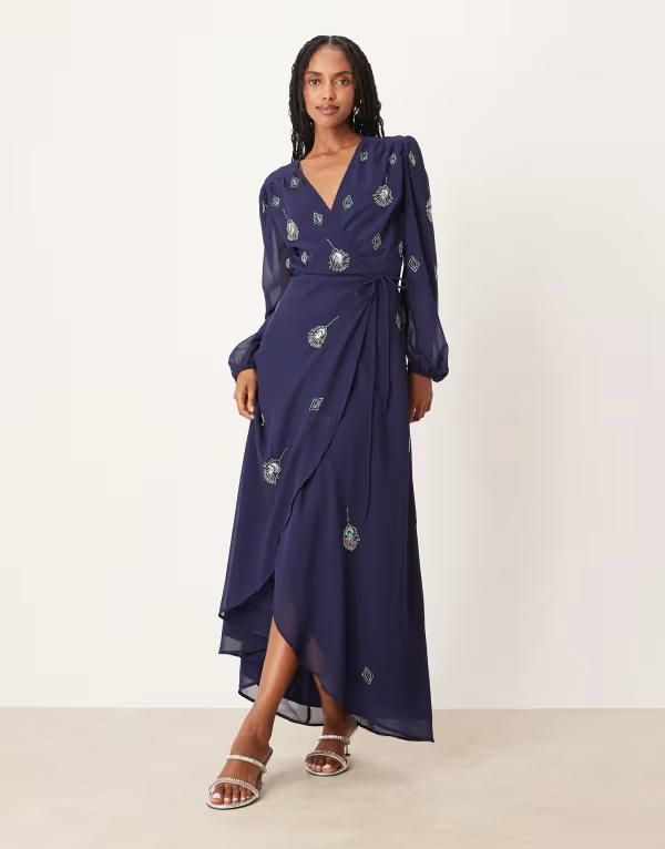 ホープ＆アイビー レディース トップス ワンピース マキシワンピース マキシ Hope Ivy embellished wrap front maxi dress Navy ネイビー