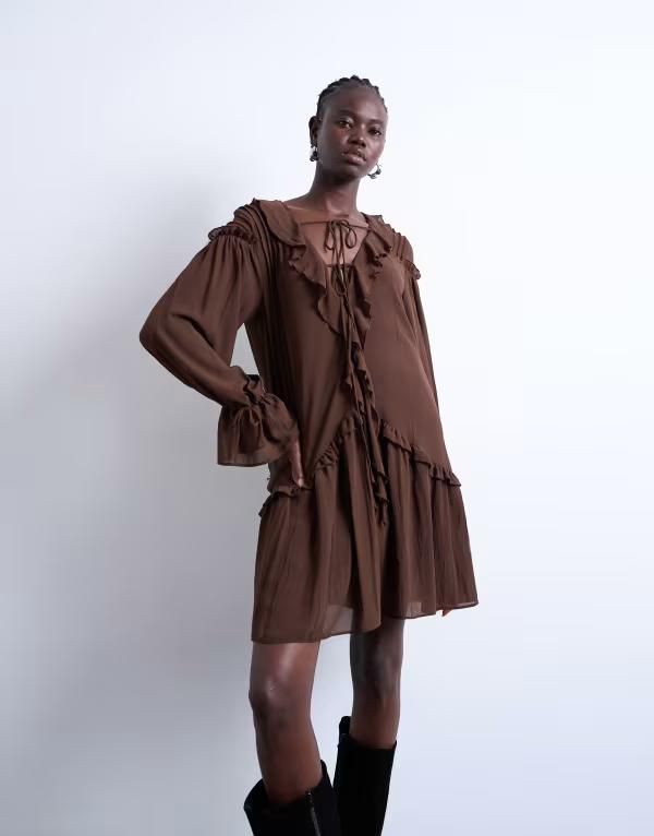 トップショップ レディース トップス ワンピース ミニワンピース ミニ Topshop poet sleeve frill mini dress in coffee Coffee コーヒー