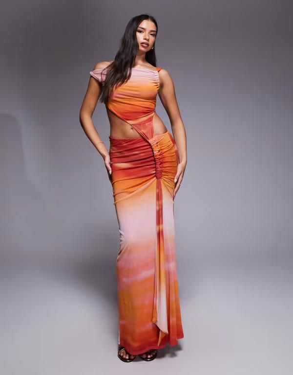 エイソス レディース トップス ワンピース マキシワンピース プリント メッシュ マキシ ASOS DESIGN twisted shoulder with twisted sash mesh faux twopiece maxi dress in orang
