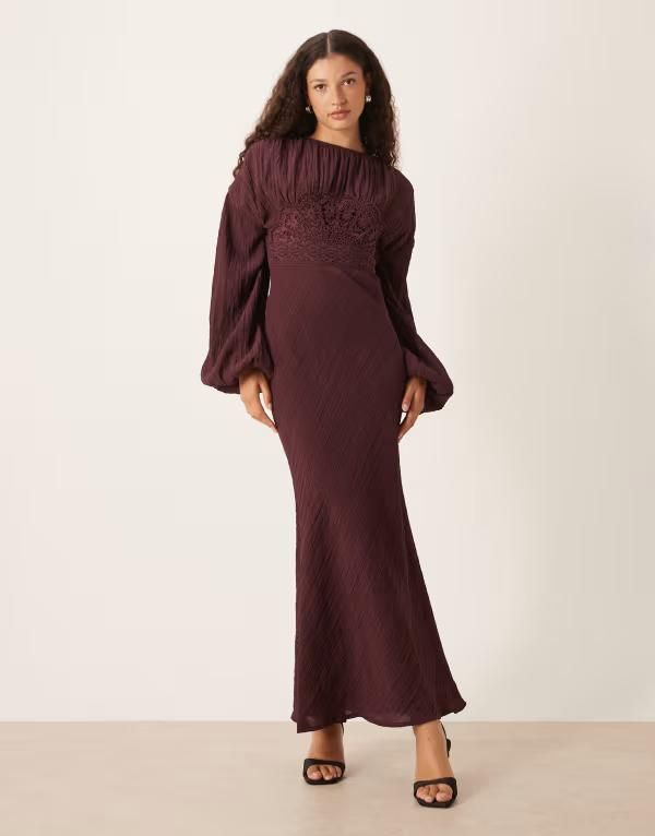 エイソス レディース トップス ワンピース クルーネック マキシワンピース レース マキシ ASOS DESIGN crew neck maxi dress with volume sleeve and lace bust detail in mulberry