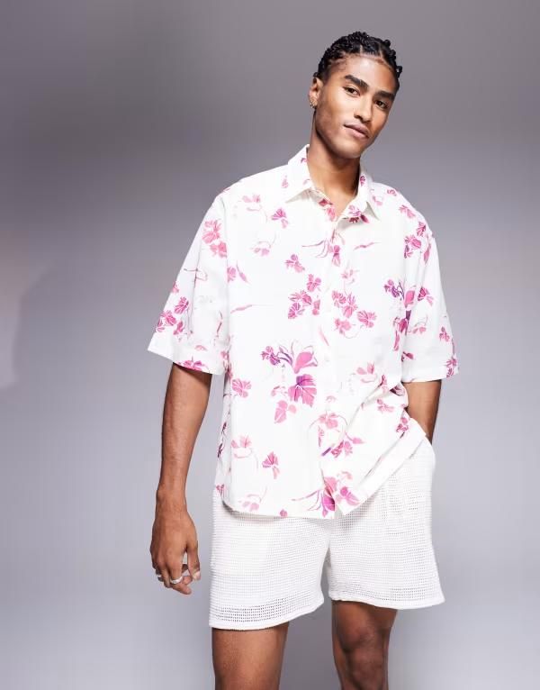 エイソス メンズ トップス シャツ フラワー柄 プリント フラワー ASOS DESIGN oversized shirt with floral print WHITE ホワイト