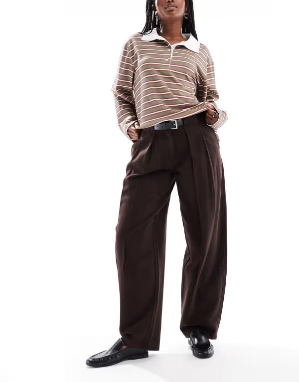 エイソス レディース ボトムス カジュアルパンツ パンツ ASOS DESIGN barrel pants with belt in washed Washed Brown ブラウン