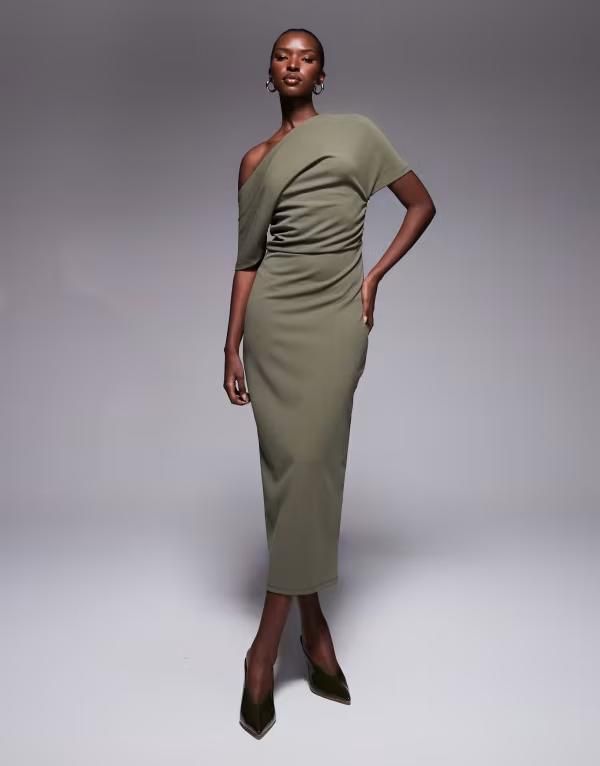 エイソス レディース トップス ワンピース ミディワンピース プリーツ ミディ ASOS DESIGN pleated shoulder pencil midi dress Khaki カーキ