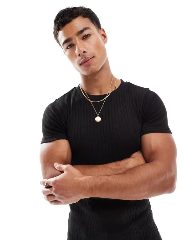 ジャック アンド ジョーンズ メンズ トップス Tシャツ リブ シャツ Jack Jones muscle fit ribbed Tshirt Black ブラック