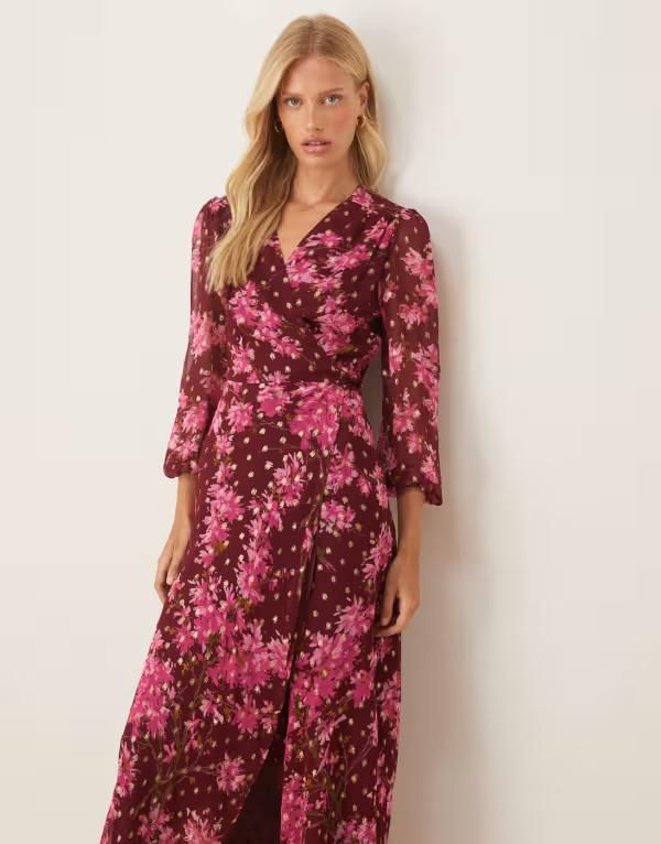 ホープ＆アイビー レディース トップス ワンピース マキシワンピース フラワー柄 マキシ フラワー Hope Ivy wrap front maxi dress and pink floral Burgundypink バーガンディ