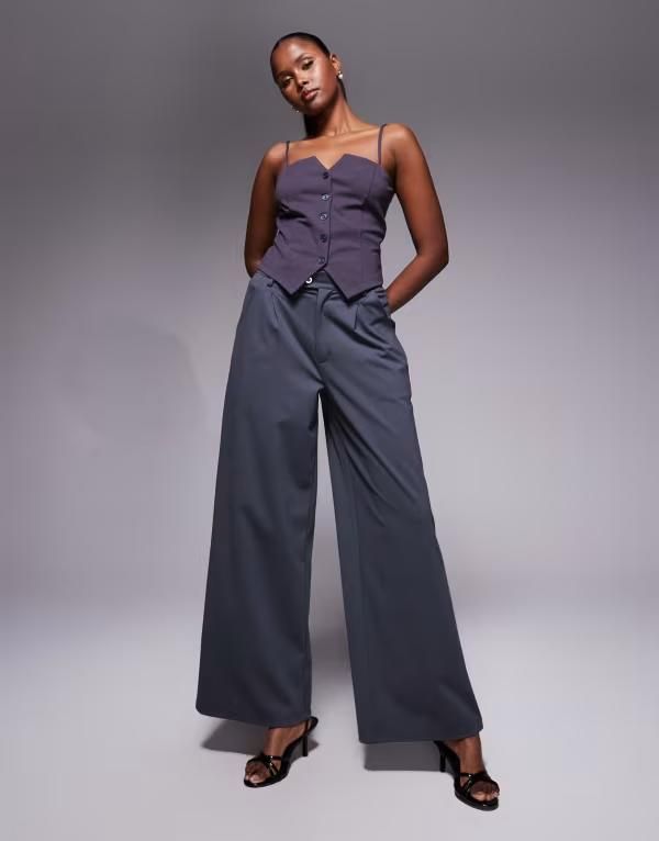 エイソス レディース ボトムス カジュアルパンツ ワイドレッグ パンツ ASOS DESIGN wide leg pants in dark gray part of a set Dark Gray グレー