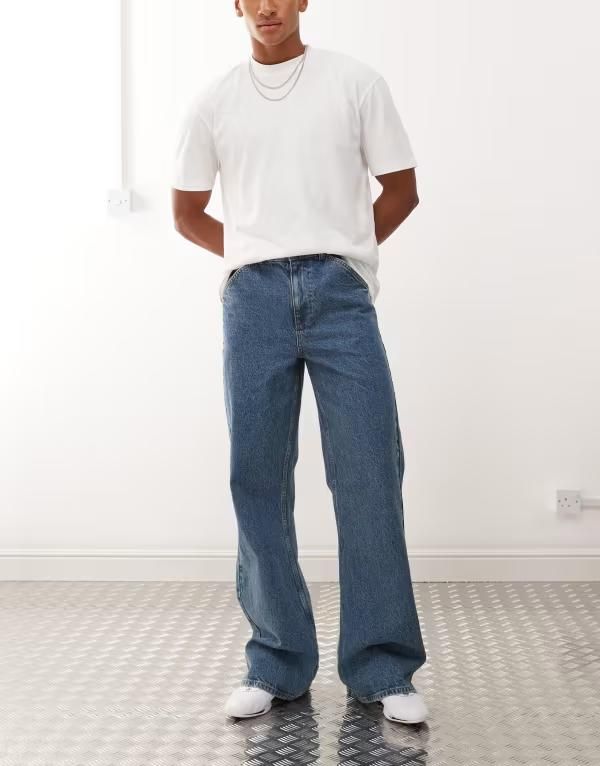 コルージョン メンズ ボトムス デニムパンツ ジーンズ COLLUSION flare jeans in mid wash with tobacco stitching MID BLUE ブルー
