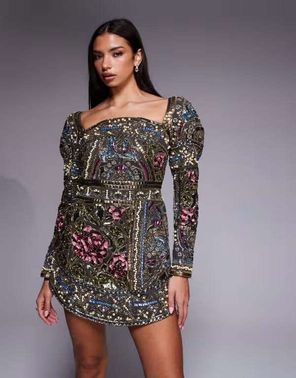 エイソス レディース トップス ワンピース ミニワンピース ミニ ASOS DESIGN embellished domed sleeve curved high neckline mini dress in multi Multi マルチカラー 38,870円
