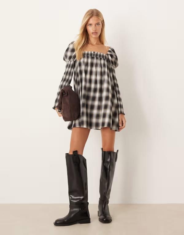 エイソス レディース トップス ワンピース ミニワンピース ミニ ASOS DESIGN square neck mixed shirred babydoll mini dress and tan check Black Tan Plaid ブラック