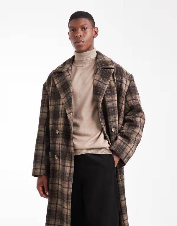 エイソス メンズ アウター コート ウール ASOS DESIGN plaid wool look oversized longline coat BROWN ブラウン