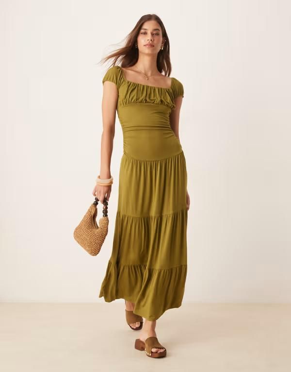 エイソス レディース トップス ワンピース ティアード マキシワンピース ギャザー マキシ ASOS DESIGN ruched bust praire tiered maxi dress GREEN グリーン