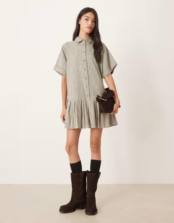 エイソス レディース トップス ワンピース ミニ シャツ ASOS DESIGN boxy shirt mini dress with dropped waist in mono plaid Mono check チェック 13,634円