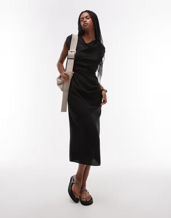 マンゴ レディース トップス ワンピース ミディワンピース ギャザー ミディ キャップ Mango cap sleeve midi dress with ruched side Black ブラック