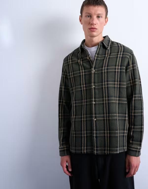 トップマン メンズ トップス シャツ レギュラーフィット Topman regular fit textured check overshirt Green check グリーン