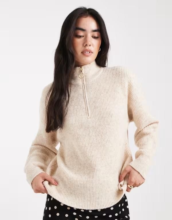 オンリー レディース アウター ニット・セーター ハイネック ハーフジップ セーター ONLY half zip high neck sweater in stone STONE ストーン