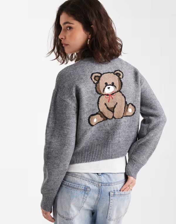 オンリー レディース アウター カーディガン ニット ONLY knit cardigan with bear embroidery Gray グレー