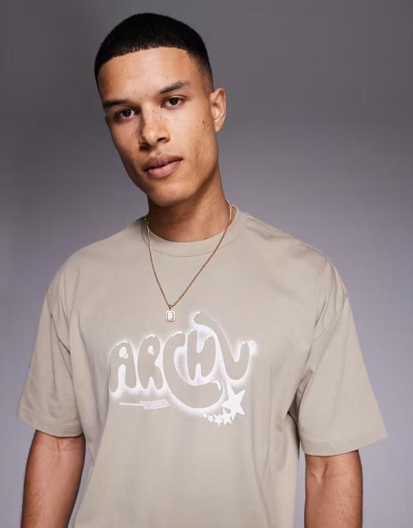 エイソス メンズ トップス Tシャツ グラフィック ASOS DESIGN boxy oversized graphic tee with text graphic Cobblestone