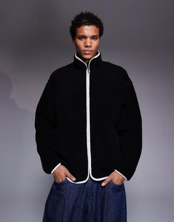 エイソス メンズ アウター パーカー・スウェット スタンドネック スウェット シャツ フリース ASOS DESIGN oversized funnel neck zip up fleece sweatshirt Black ブラック
