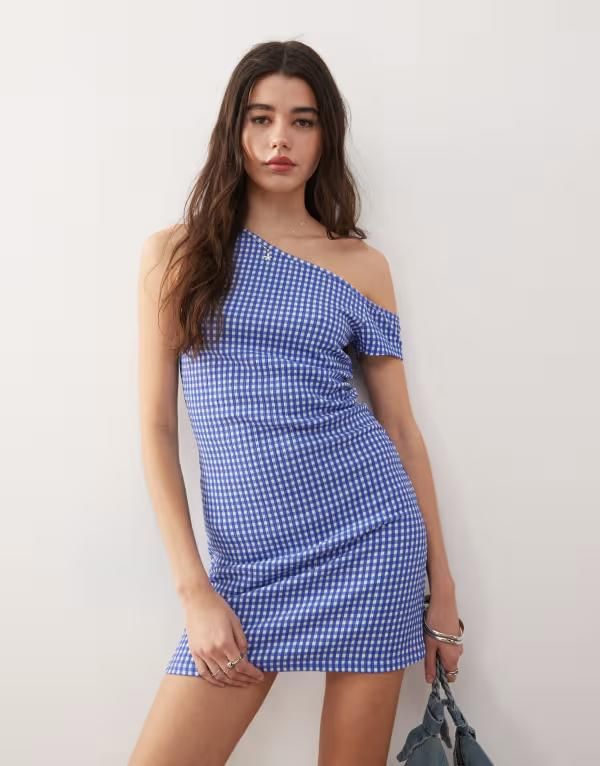 コルージョン レディース トップス ワンピース ミニワンピース ギンガムチェック ミニ ギンガム COLLUSION gingham off the shoulder mini dress Blue gingham ブルー