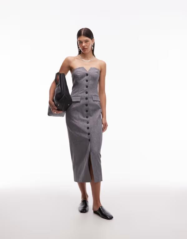 フォースレックレス レディース トップス ワンピース ミディワンピース ミディ 4th Reckless tailored bandeau button front pocket detail midi dress Gray グレー