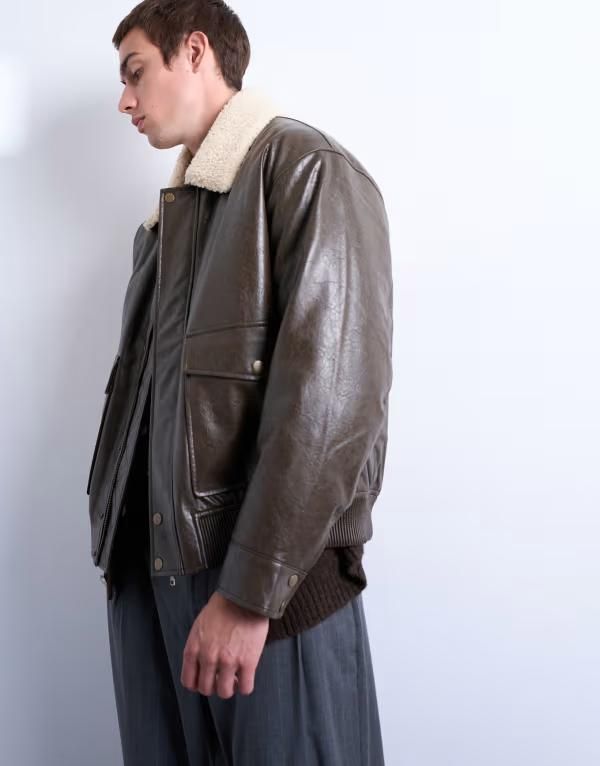 トップマン メンズ アウター ジャケット・ブルゾン レザー フェイクレザー ジャケット Topman faux leather teddy collar washed jacket in chocolate Chocolate チョコレート