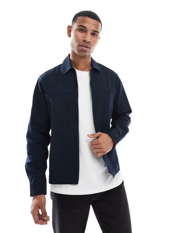 エイソス メンズ トップス シャツ ASOS DESIGN boxy zip up overshirt NAVY ネイビー