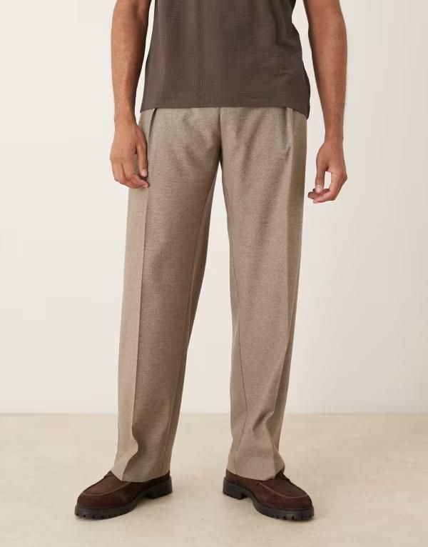 エイソス メンズ ボトムス カジュアルパンツ ワイドレッグ パンツ ASOS DESIGN wide leg dress pants with front pleats in pebble texture Pebble