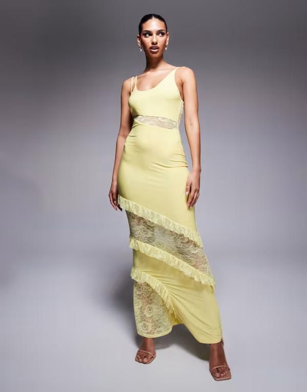 エイソス レディース トップス ワンピース マキシワンピース フリル レース マキシ ASOS DESIGN cami straps lace panel maxi dress with ruffle details in pastel yellowイエロー