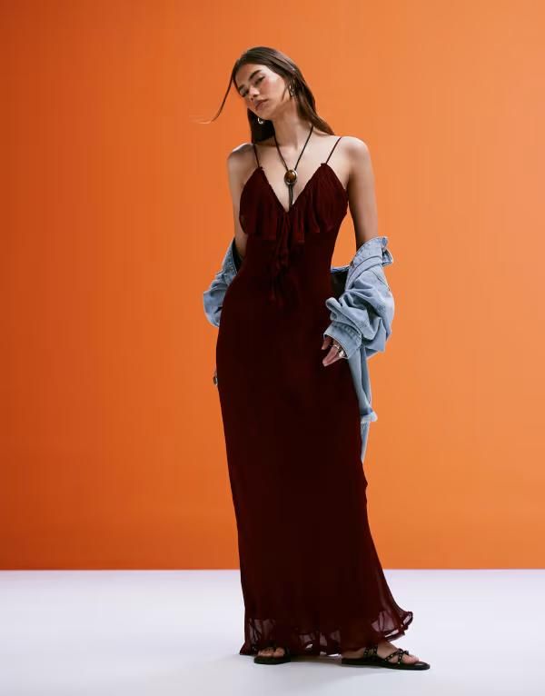 マンゴ レディース トップス ワンピース マキシワンピース フリル マキシ Mango ruffle front maxi dress Burgundy バーガンディ