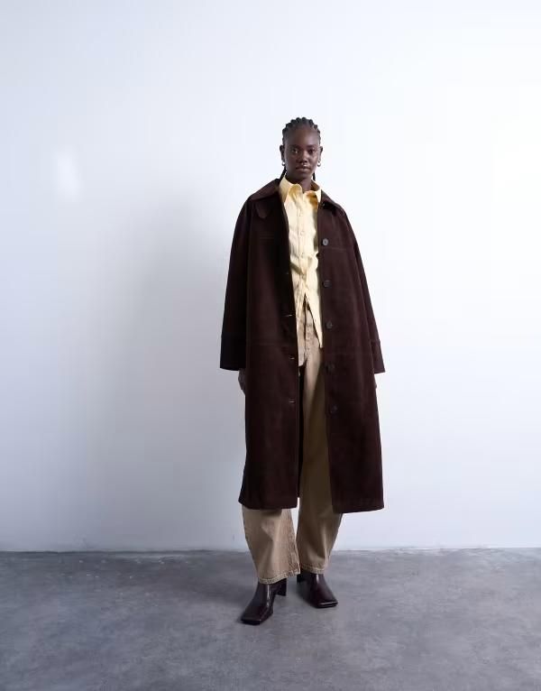 トップショップ レディース アウター コート スエード Topshop faux suede long car coat with neck tab brown ブラウン