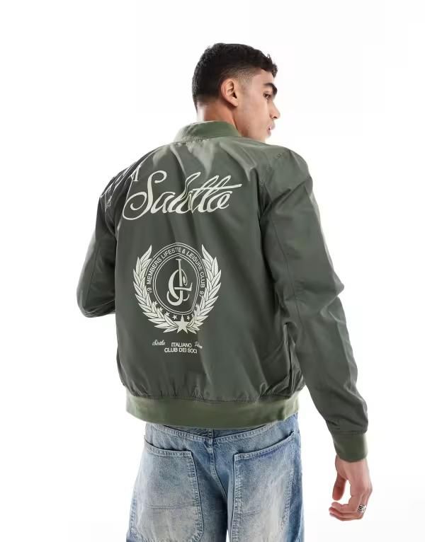 エイソス メンズ アウター ジャケット・ブルゾン プリント ジャケット ASOS DESIGN lightweight bomber jacket with prints Khaki カーキ