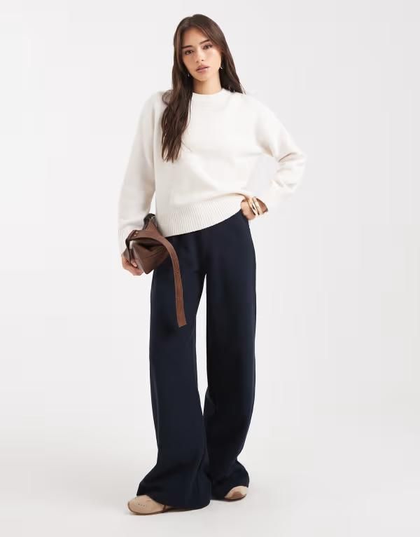 ミスセルフフリッジ レディース ボトムス カジュアルパンツ ワイドレッグ パンツ Miss Selfridge soft rib wide leg pants NAVY ネイビー