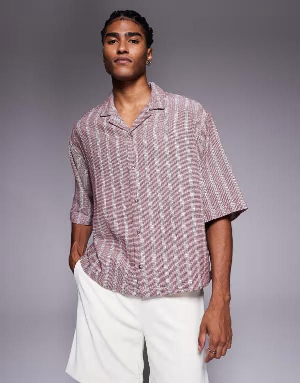 エイソス メンズ トップス シャツ ASOS DESIGN boxy oversized textured shirt stripes Burgundy バーガンディ