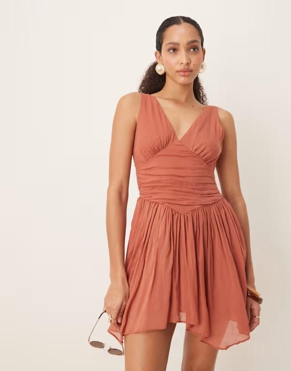 エイソス レディース トップス ワンピース Vネック ミニワンピース ミニ ASOS DESIGN v neck mini dress with handkerchief hem in terracotta Terracotta テラコッタ