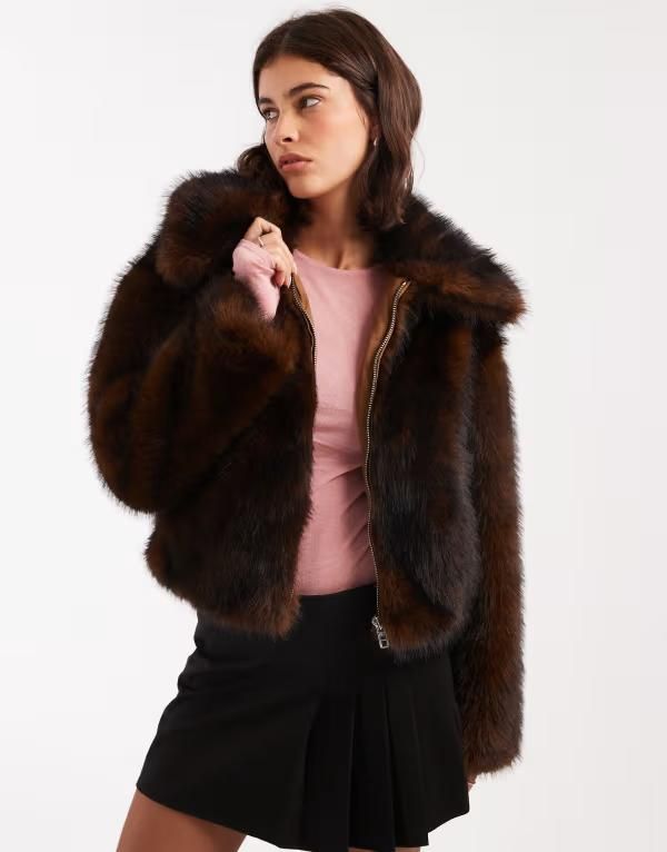 ミスセルフフリッジ レディース アウター ジャケット・ブルゾン ジャケット Miss Selfridge faux fur collar detail bomber jacket in chocolate Chocolate チョコレート