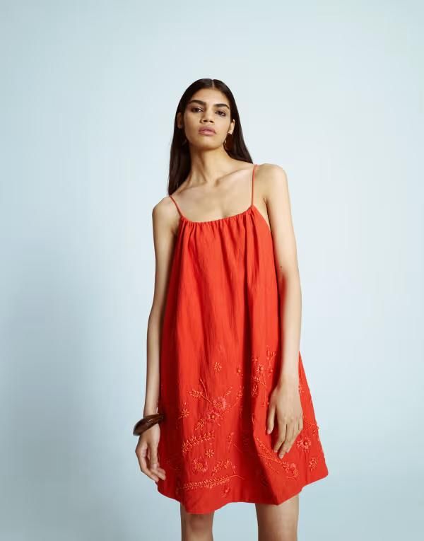 トップショップ レディース トップス ワンピース ミニワンピース ミニ Topshop trapeze swing mini dress with raffia embroidery RED レッド