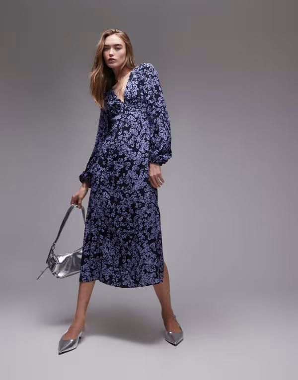 アンドアザーストーリーズ レディース トップス ワンピース ミディワンピース フラワー柄 プリント ミディ フラワー Other Stories midi dress with side splits and volume sleeves in abstrac