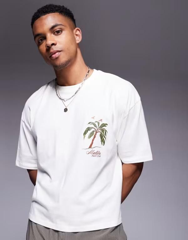 エイソス メンズ トップス Tシャツ グラフィック ASOS DESIGN boxy oversized tshirt with palm tree graphic Coconut milk オフホワイト