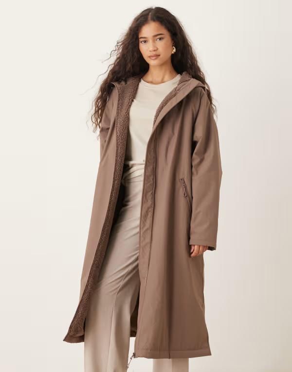 エイソス レディース アウター ジャケット・ブルゾン コート フリース ASOS DESIGN longline fleece lined rain coat in mushroom Brown ブラウン