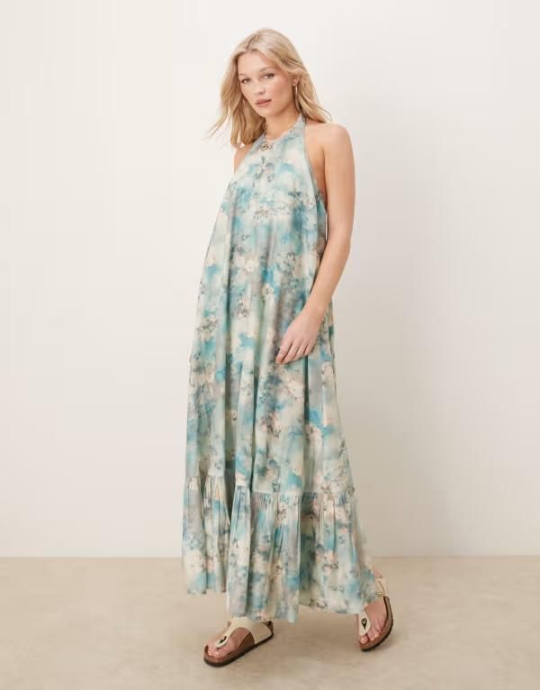 エイソス レディース トップス ワンピース フリル裾 マキシワンピース フラワー柄 プリント フリル マキシ フラワー ホルター ASOS DESIGN halter maxi dress with ruffle hem in blurred floral p