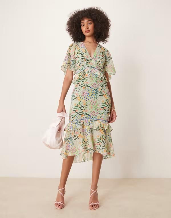 ホープ＆アイビー レディース トップス ワンピース プリント ミディ Hope Ivy midi tea dress with peplum waist print Green Multi グリーン