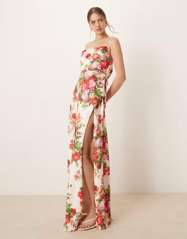 ホープ＆アイビー レディース トップス ワンピース マキシワンピース フラワー柄 マキシ フラワー Hope Ivy cowl neck cross back maxi dress with thigh split red floral Red Multi レ